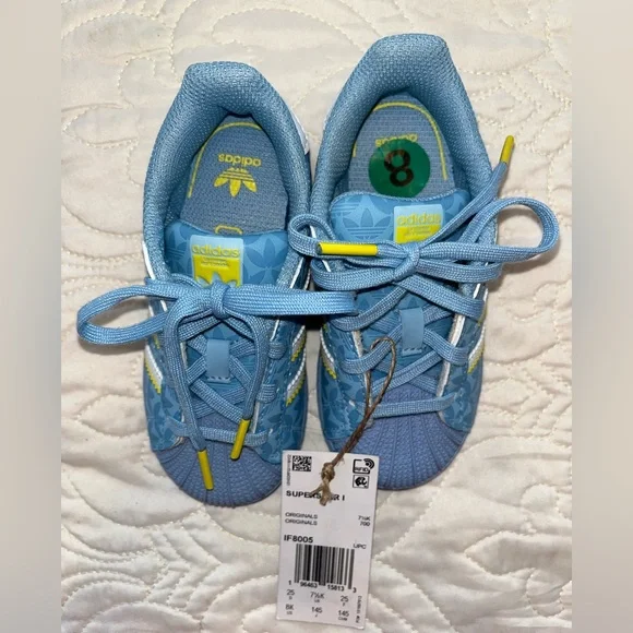 NWT Adidas Kids 2 tone Blue Superstar 1 Sneakers with Yellow Accents - Picture 5 of 8